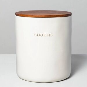 Retired Hearth & Hand 120oz Stone White Ceramic Cookie Jar with Wooden Lid